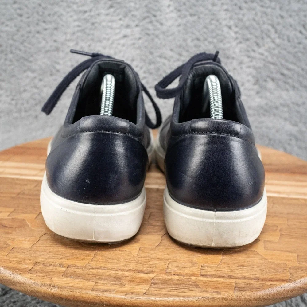 ECCO Men's 10 Navy Leather Lace-Up Sneakers White Sole Casual Comfort